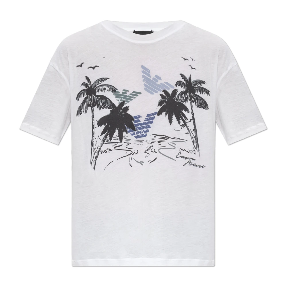 Emporio Armani Kvinno Vit Toppar Dam, Xs, Bomull, Lätt Jersey T-Shirt Med Flerfärgat Tryck