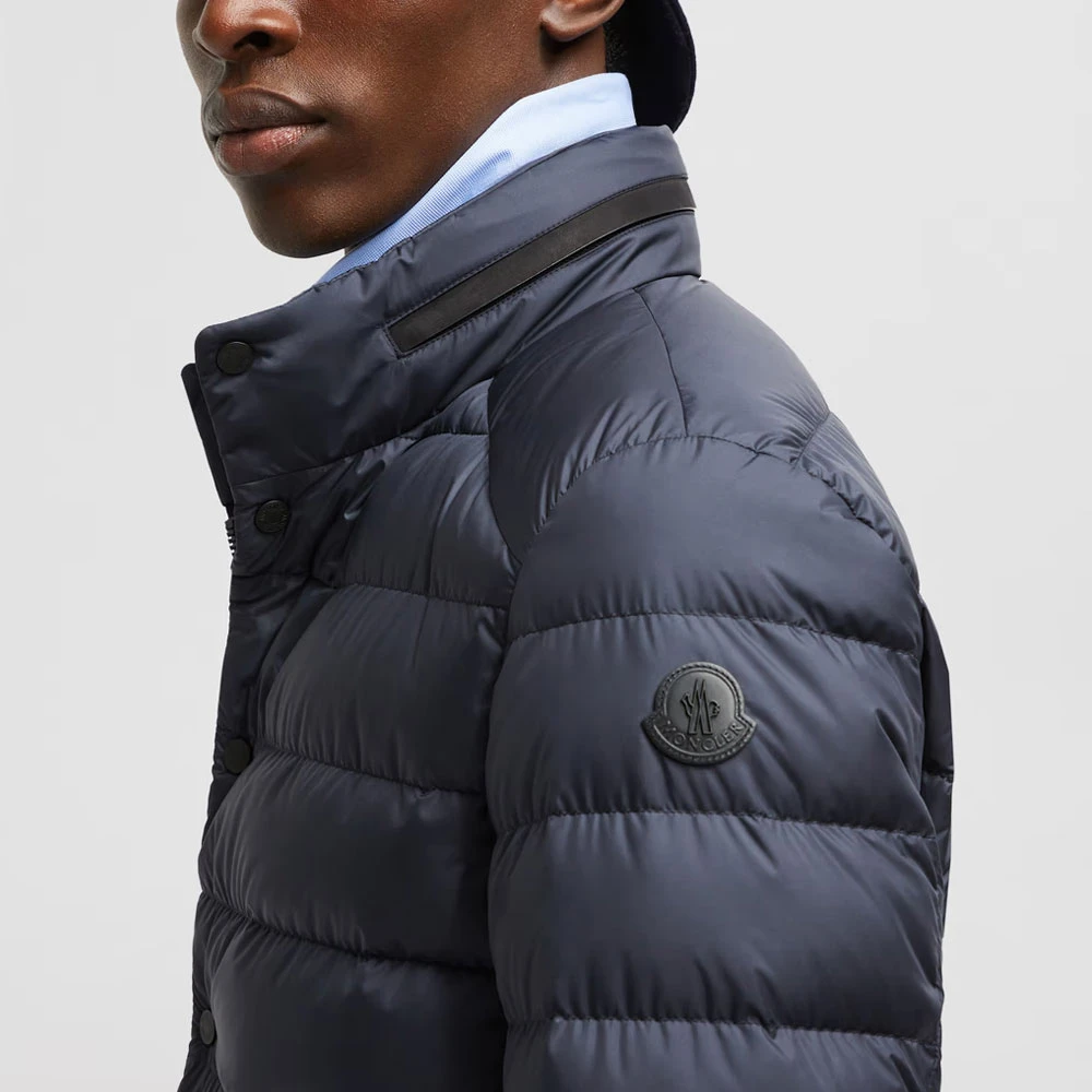 Moncler Navy Leren-afgewerkte Donsjas Blue Heren