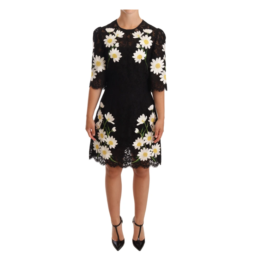 Dolce & Gabbana Svart Blommig Spets Daisy A-Linje Klänning Black, Dam