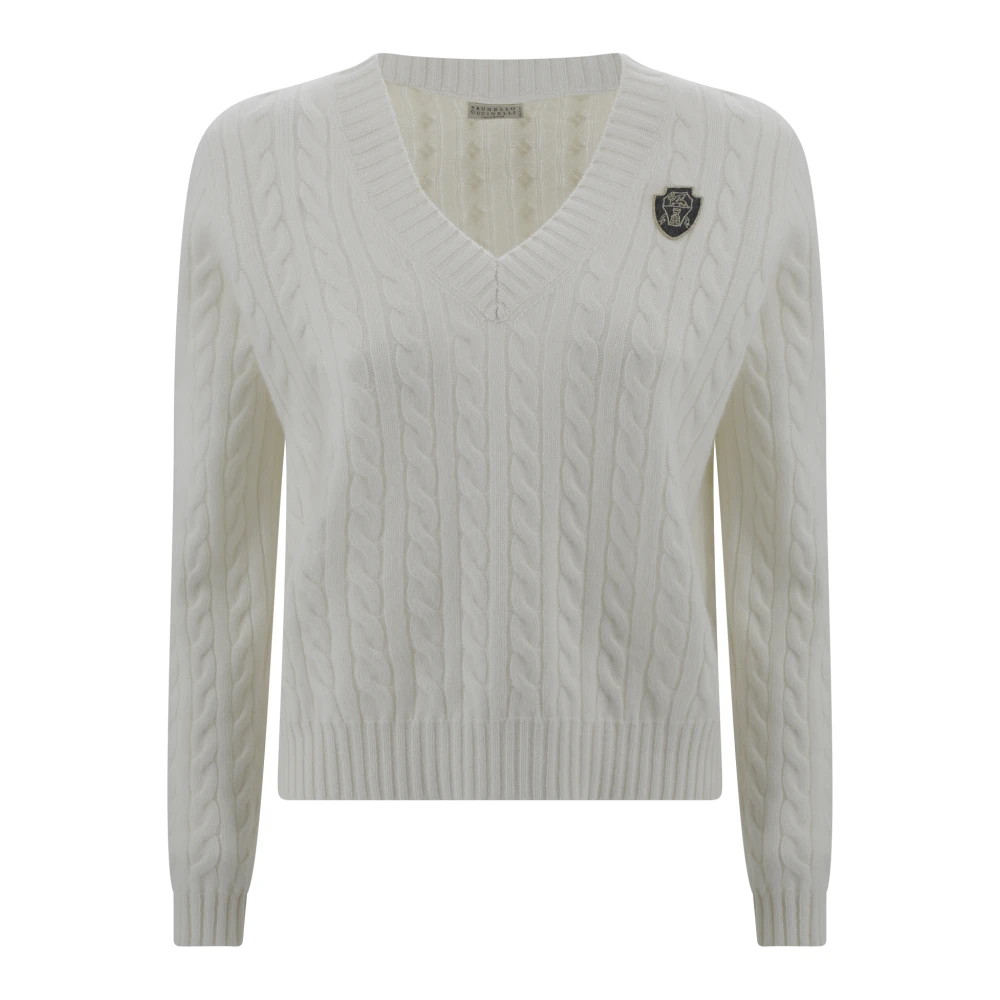BRUNELLO CUCINELLI Kasjmier V-hals trui met applicatie White Dames