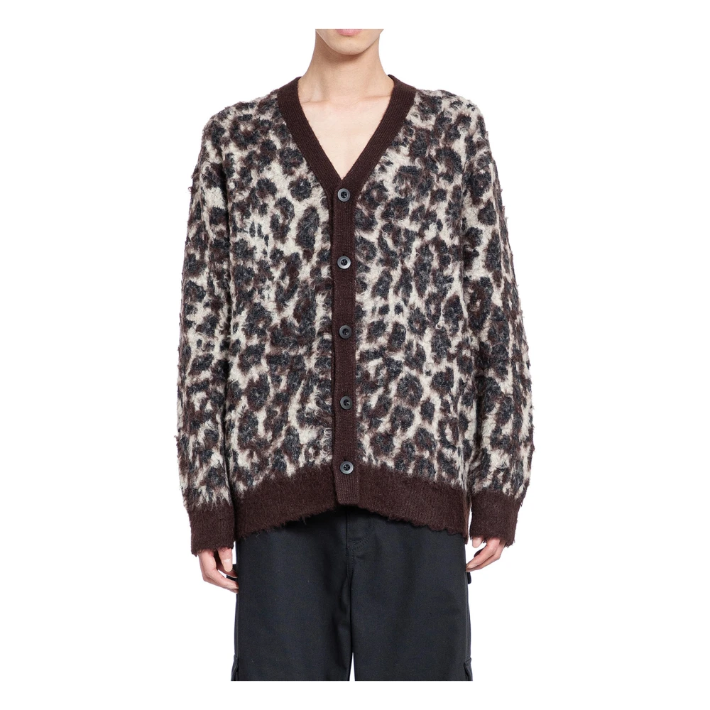 Junya Watanabe Leopard Jacquard V-Neck Sweater Brown Heren