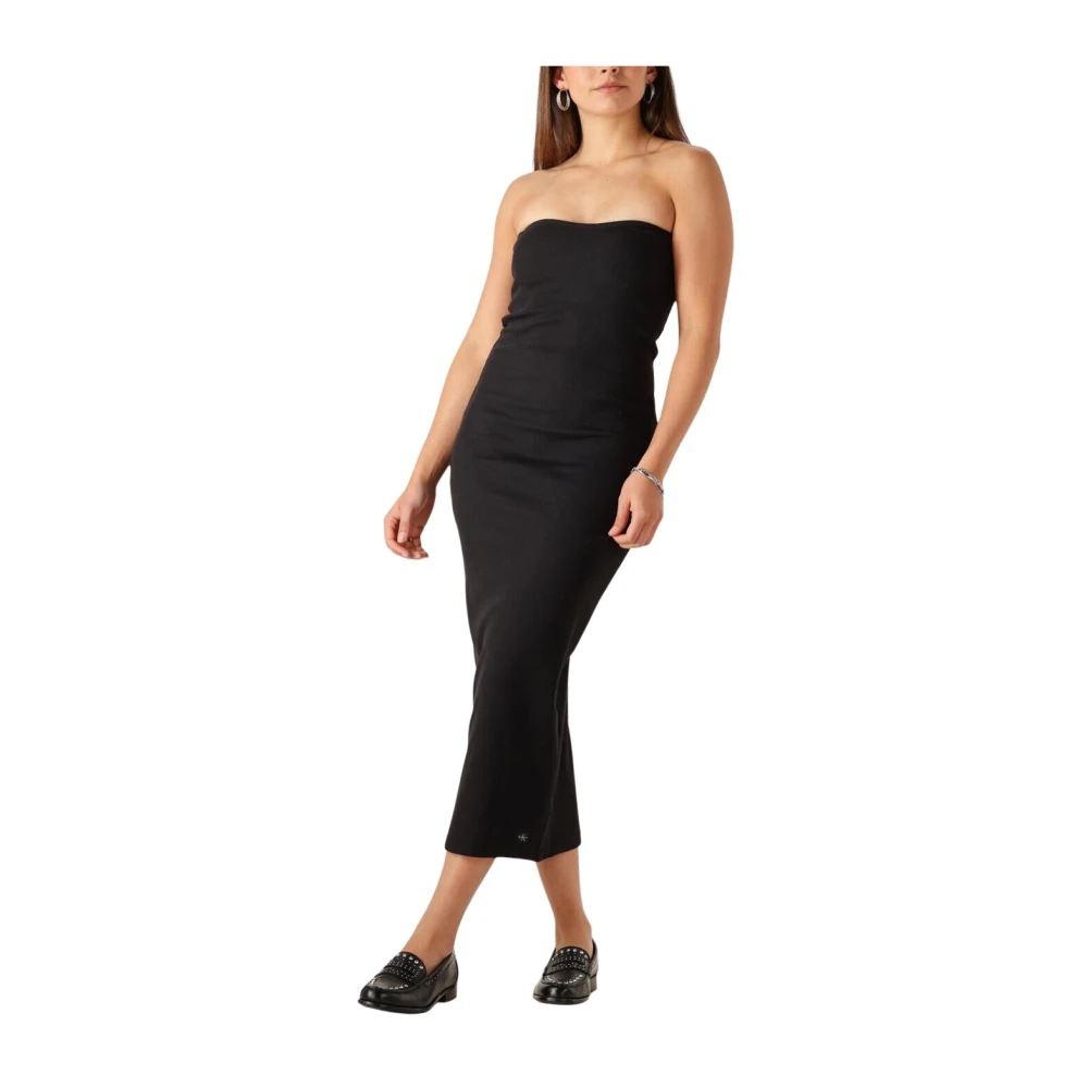 Calvin Klein Zwarte Rib Mouwloze Midi Jurk Black Dames