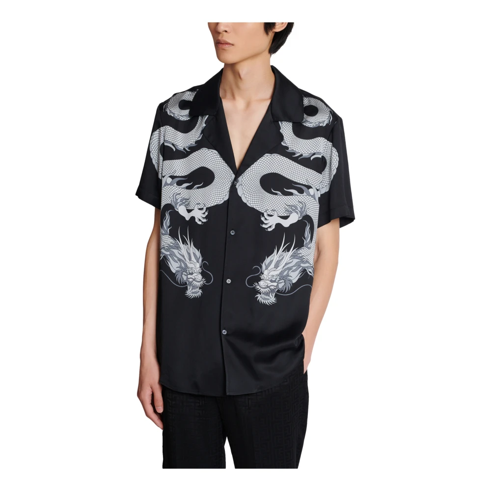 Balmain Korte satijnen overhemd met drakenprint Black Heren