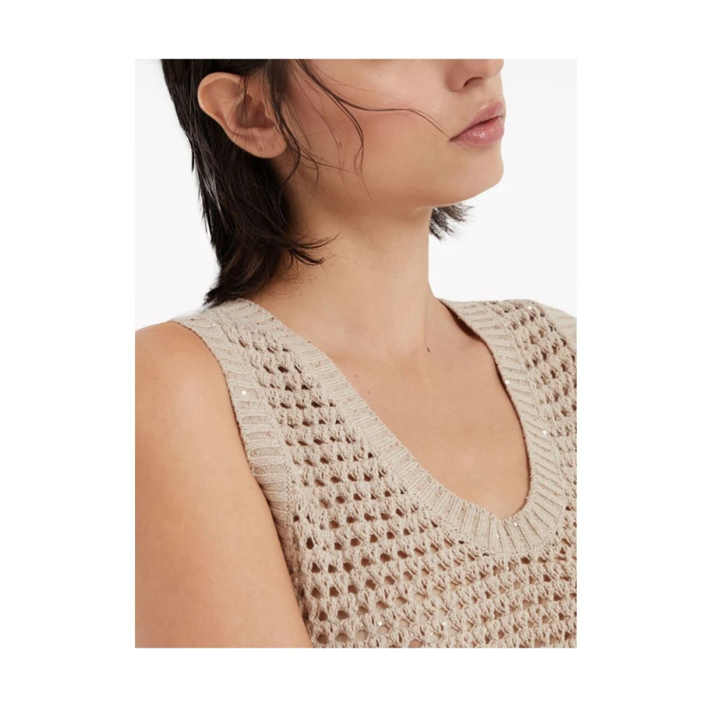 BRUNELLO CUCINELLI Beige Gebreide Top met Pailletten Beige Dames