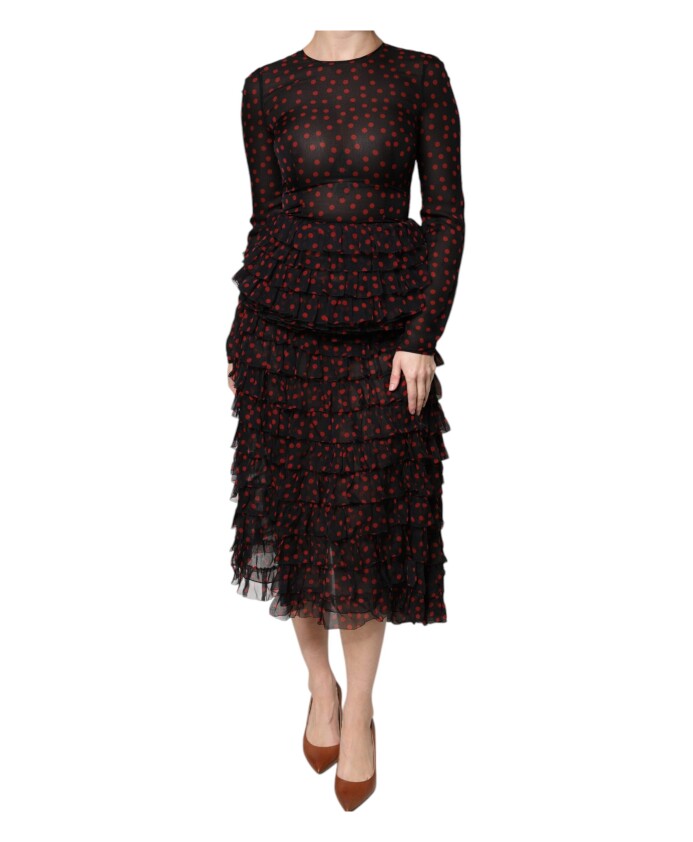 robe-midi-en-soie-a-superpositions-en-noir-rouge-a-pois