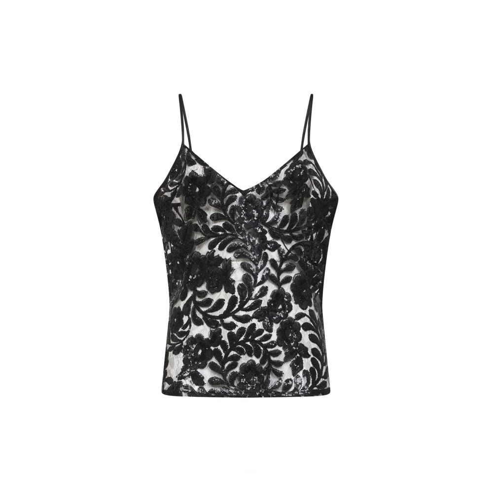 Golden Goose Women's Black Sleeveless Tops, L, Tulle Top With Sequins Embroidery