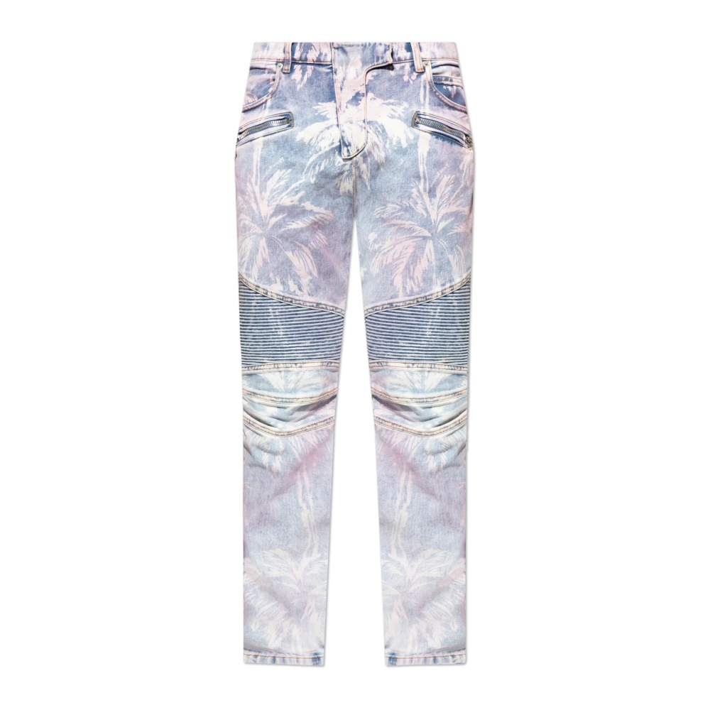 Balmain Denim biker jeans met een palmboomprint Blue Heren