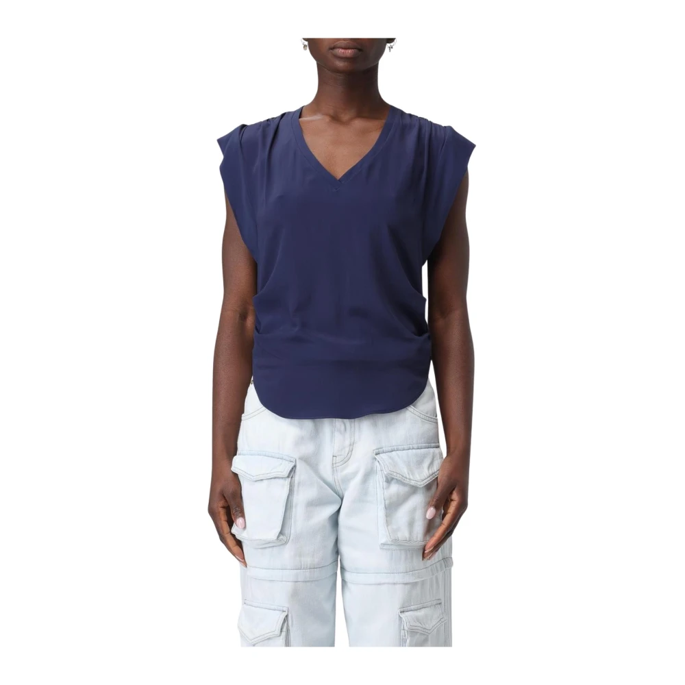Pinko Women's Blue Blouses,, Puff Sleeve V-Neck Blouse Small