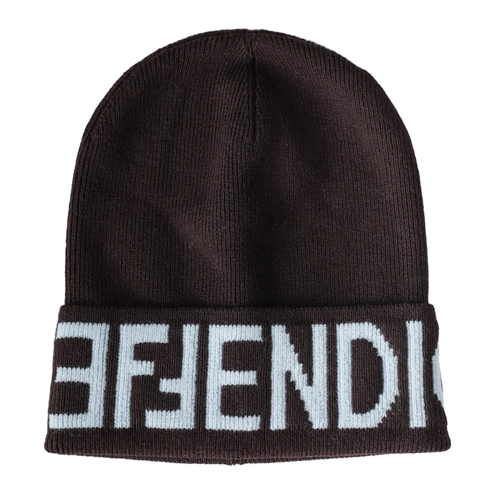 Fendi Logo Beanie Hoed in Luxueuze Wol Brown Heren