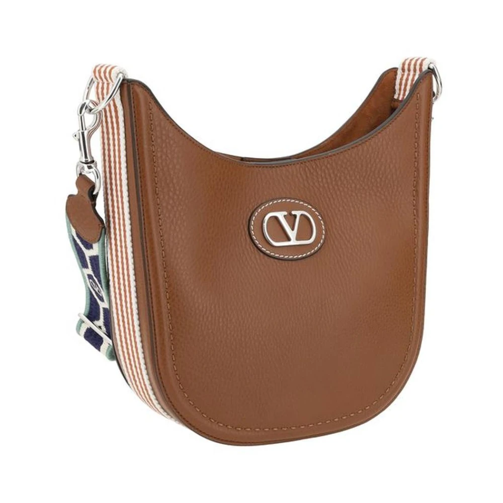 Valentino Garavani VLogo Leren Schoudertas met Metalen Plaat Brown Heren
