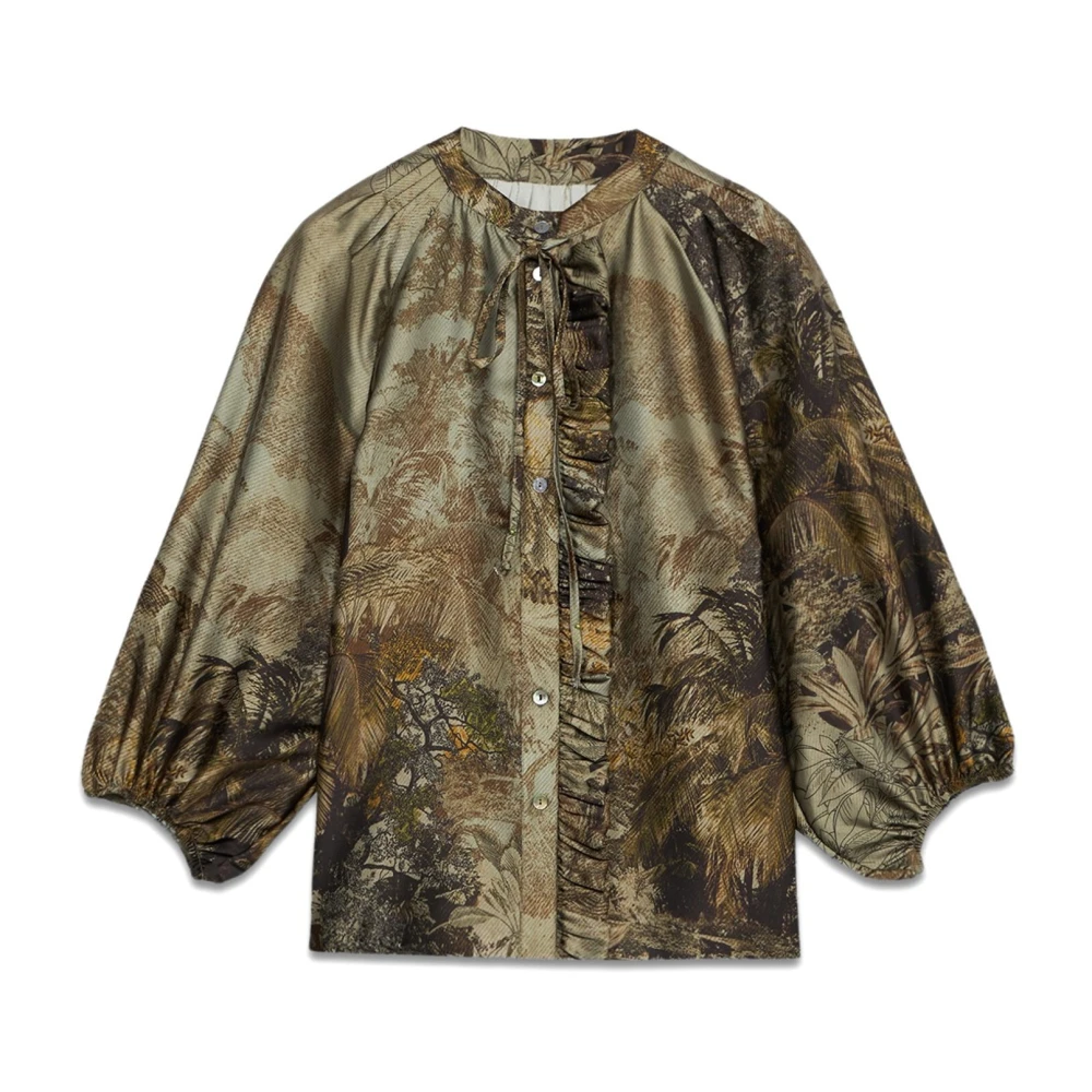 Oltre Fantasie satijnen blouse met ruches Green Dames