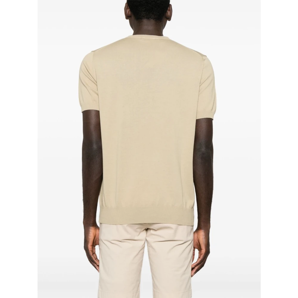 Canali Fijngebreide Gestreepte Ronde Hals T-shirt Beige Heren