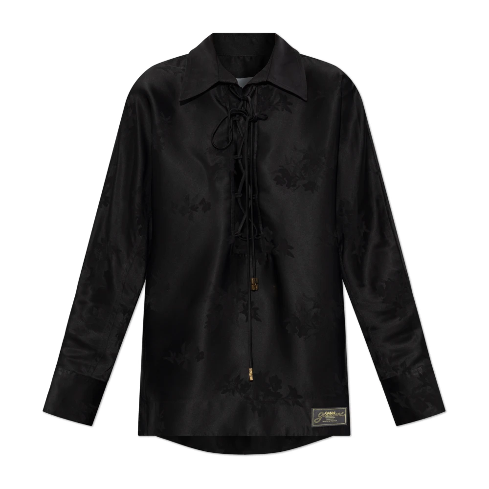 Ganni Women's Black Blouses, S, Satin Jacquard Tie String Shirt