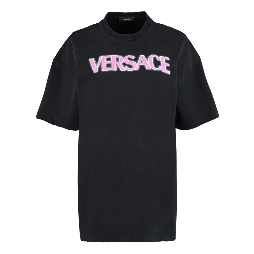 Versace Contrasterend Logo Katoenen T-Shirt Black Dames