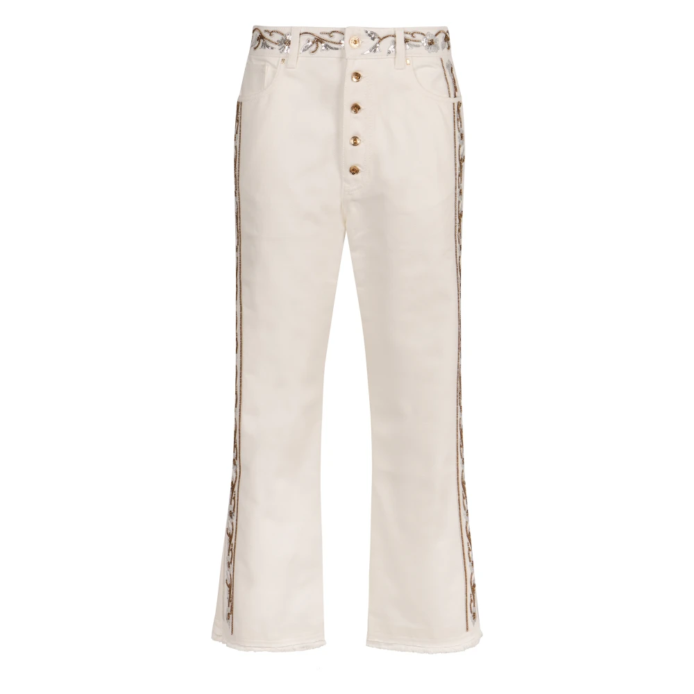 Paco Rabanne Flared Rhinestone Jeans met Rafelzoom White Dames