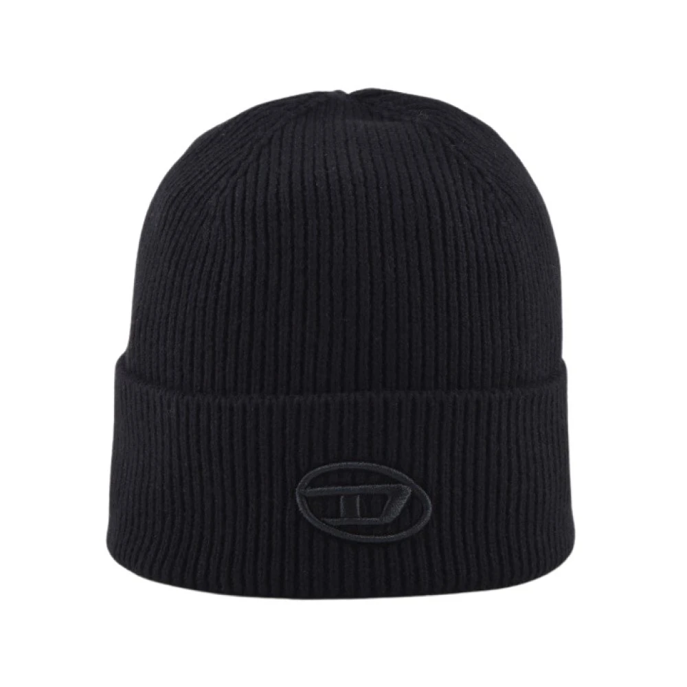 Diesel Geribbelde Wollen Blend Beanie Zwart Black Heren