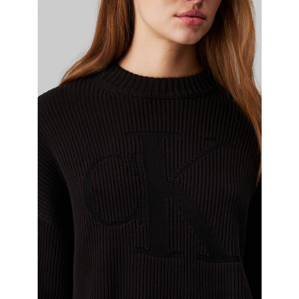 Calvin Klein Jeans Zwarte Geribbelde Logotrui Black Dames