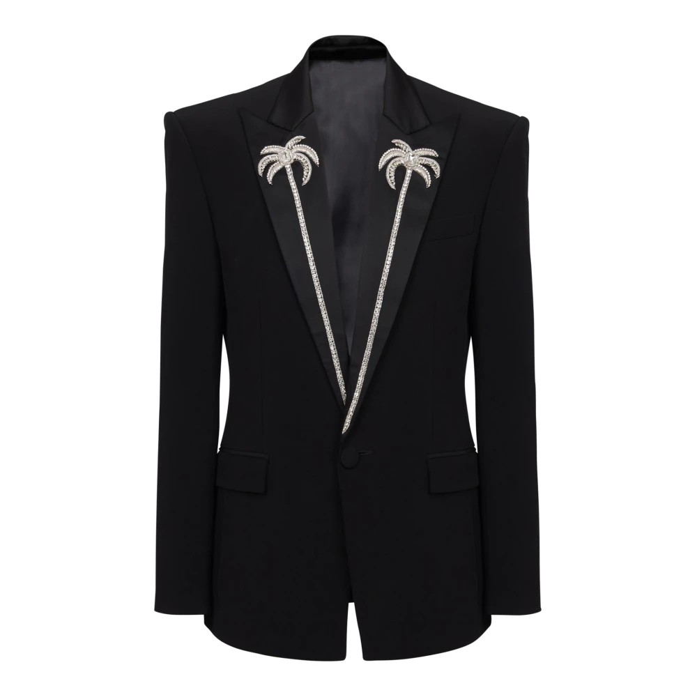 Balmain 1-knoops jas met geborduurde palmboomkraag Black Heren