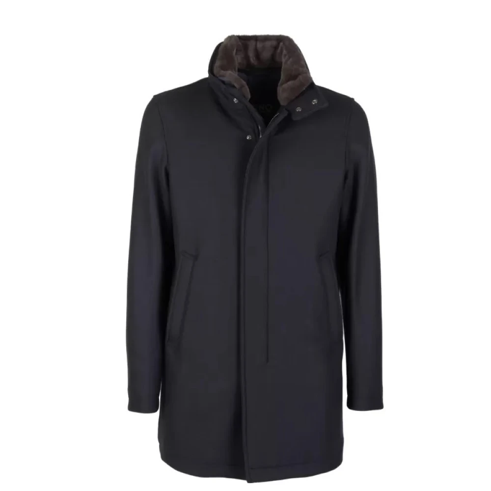 Herno Blauwe wollen blend jas met eco-bont Blue Heren