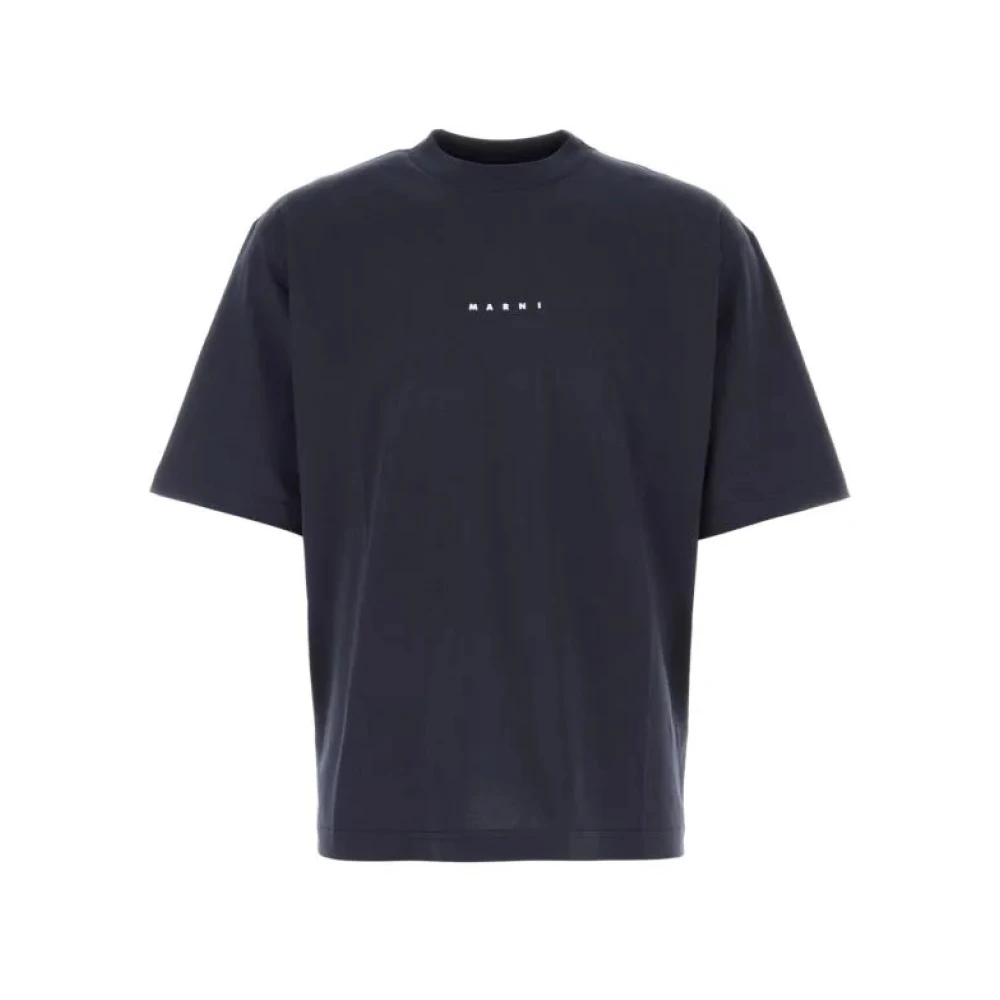 Marni Katoen Logo Print Ronde Hals T-Shirt Blue Heren
