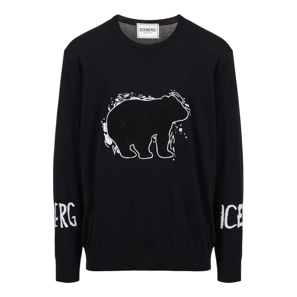 Iceberg Zwarte katoenen crewneck met logo en beerdetail Black Heren