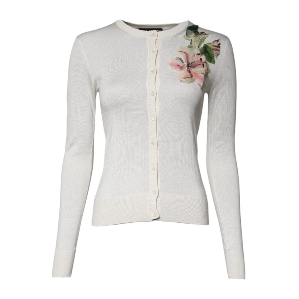 Dolce & Gabbana Women's Beige Cardigans, 3XS, Floral Silk Blend Cardigan Jumper