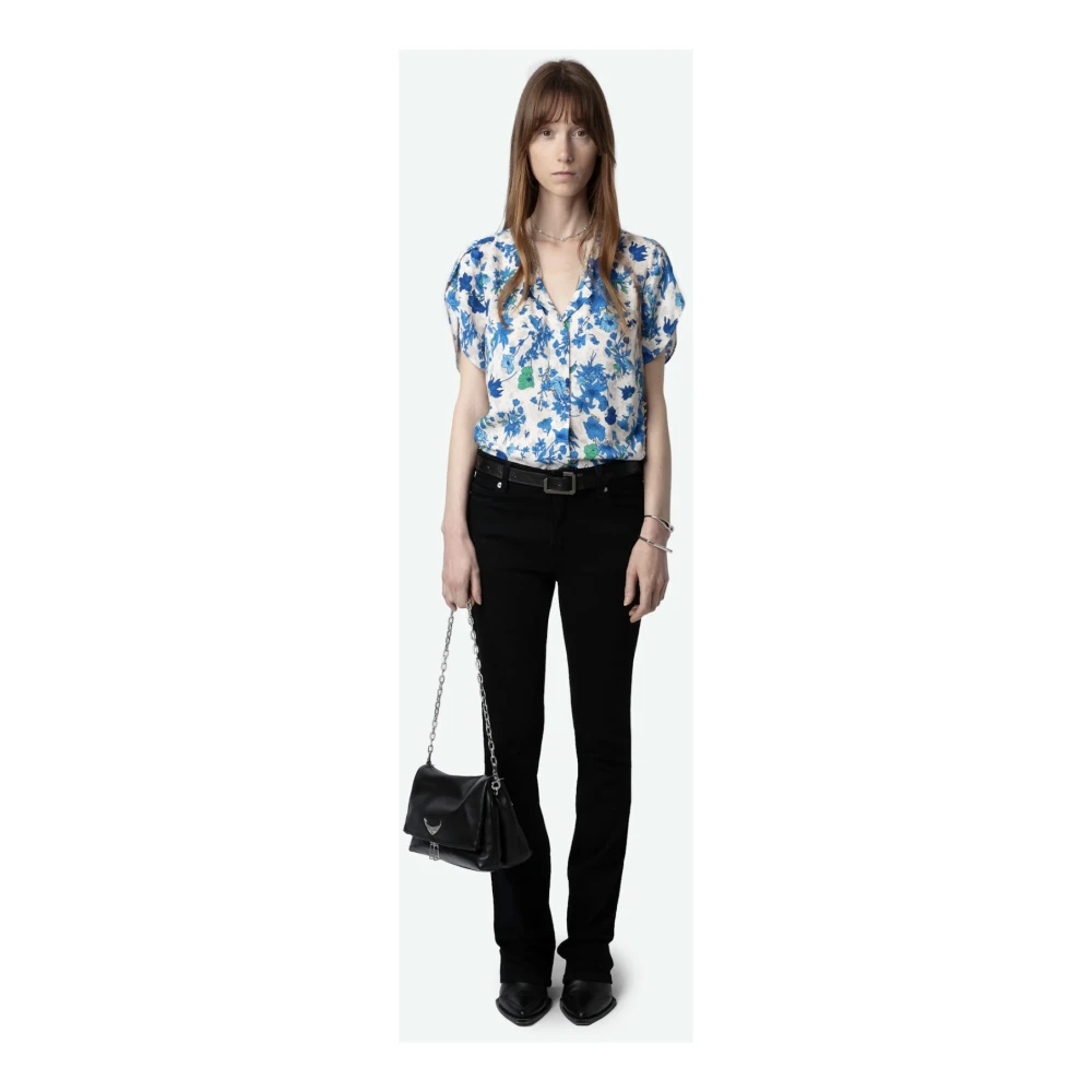 Zadig & Voltaire Bloemige Garden Flowers Crepe Top met Kant en Juweelknopen Blue Dames