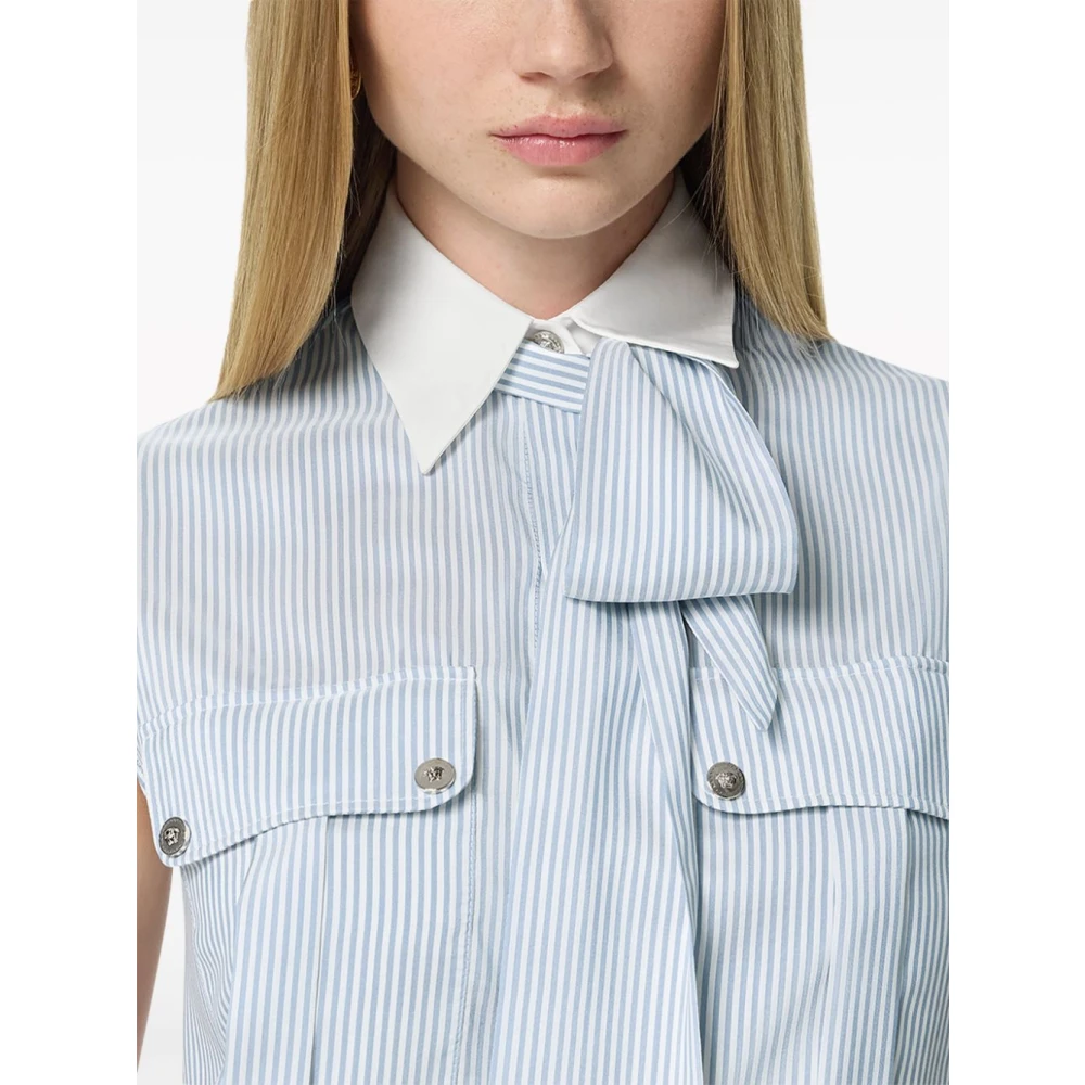 Versace Zijden Gestreepte Shirt Celeste E Bianco Blue Dames