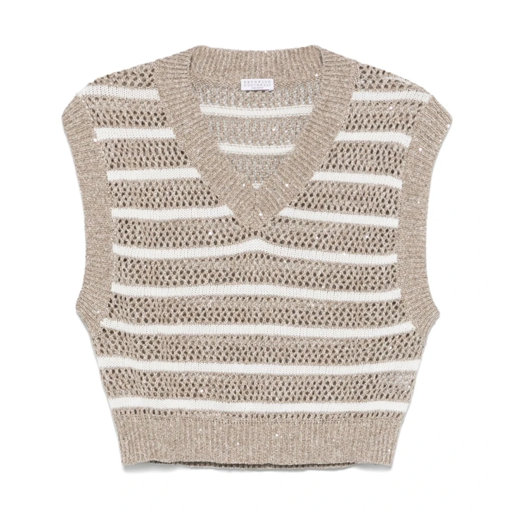 BRUNELLO CUCINELLI Taupe Gestreepte V-hals Mouwloze Tops Beige Dames