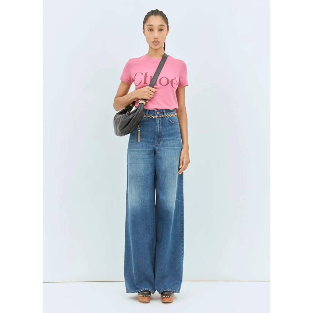 Chloé Katoen Logo T-shirt Korte Mouw Pink Dames
