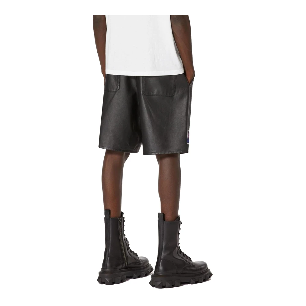 Valentino Zwarte Leren Shorts met Elastische Taille Black Heren