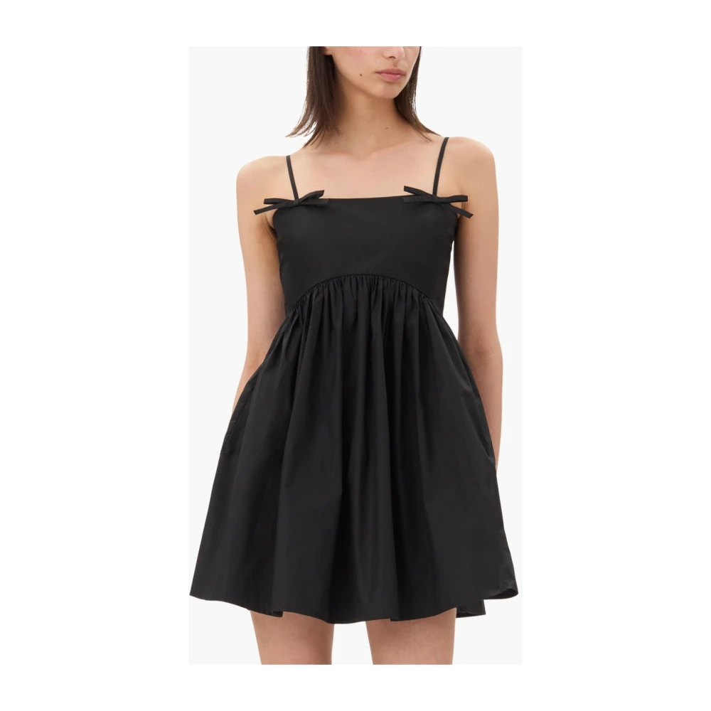 Ganni Zwarte Katoenen Poplin Strikdetail Jurk Black Dames