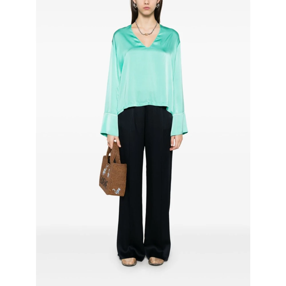 Forte Blauw-Groene V-Hals Top met Wijde Mouwen Green Dames