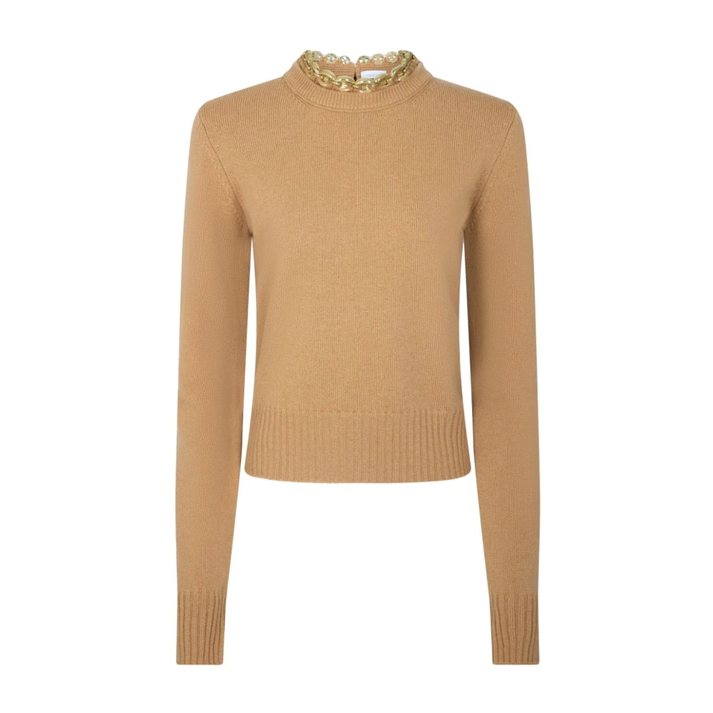 Paco Rabanne Kameel Kasjmier Trui Ronde Hals Ketting Detail Brown Dames