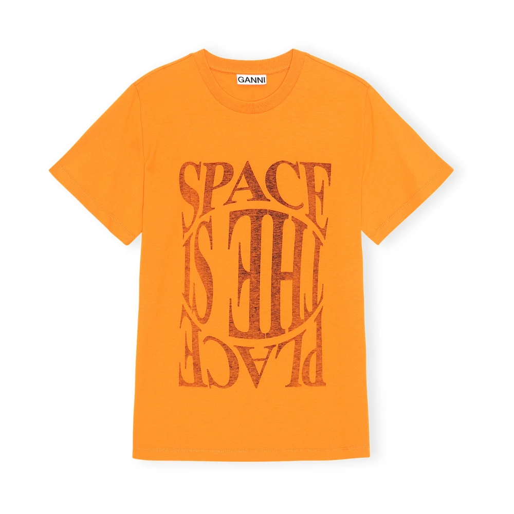 Ganni Space Text Print Cotton T-Shirt Orange, Dam