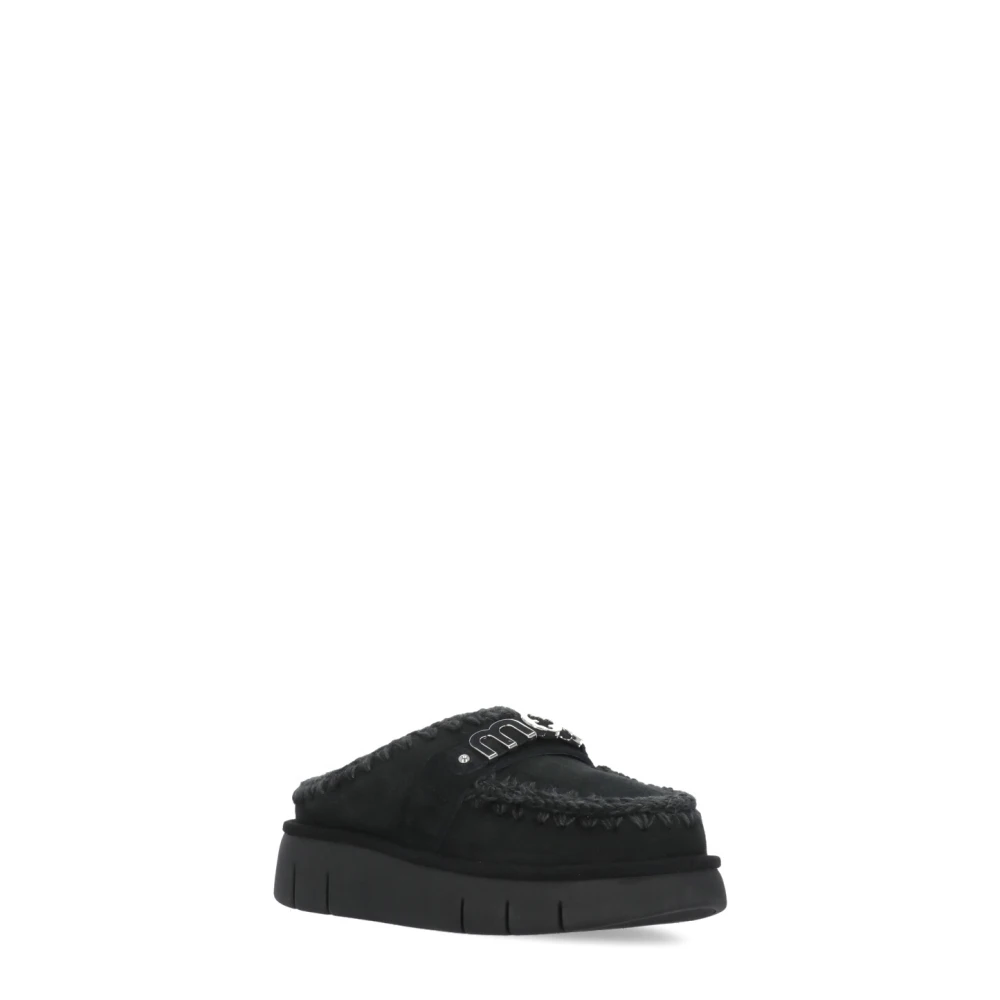 Mou Zwarte Suède Leren Slippers met Wolsteken Black Dames