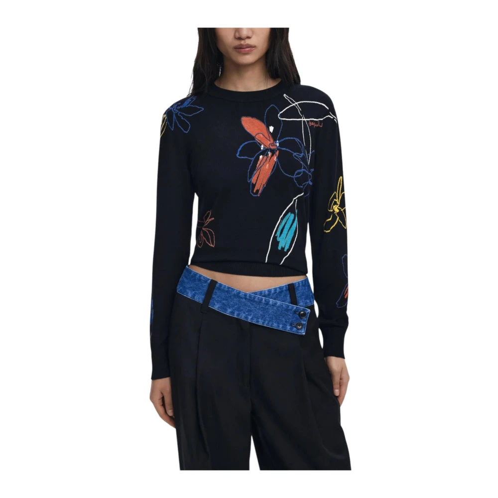 Desigual Women's Black Floral Pattern Long Sleeve Knitwear