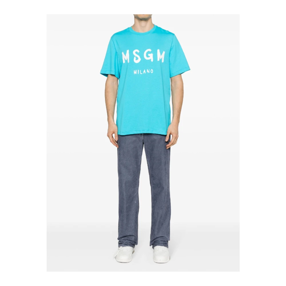 Msgm Kwaststreek Logo Katoenen T-shirt (Turquoise) Blue Heren