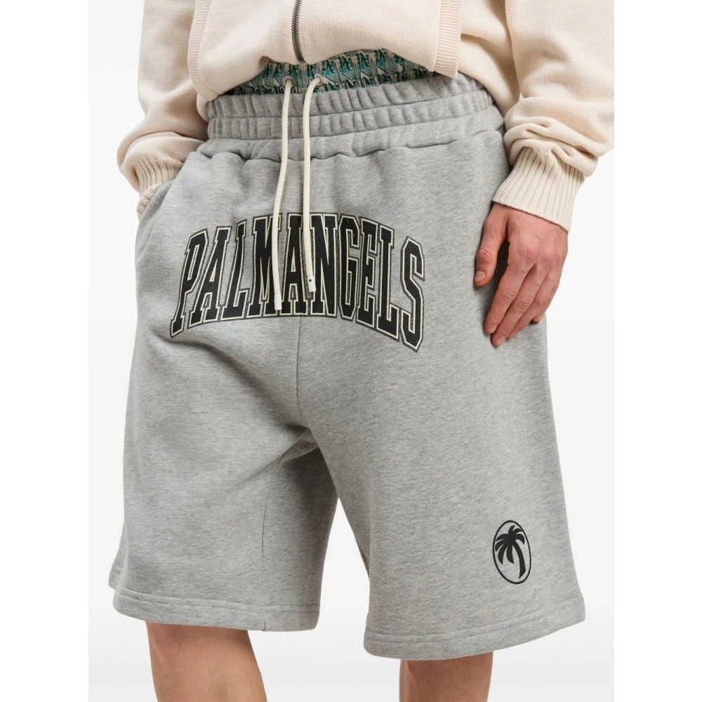 Palm Angels Logo Print Grijze Trekkoord Shorts Gray Heren