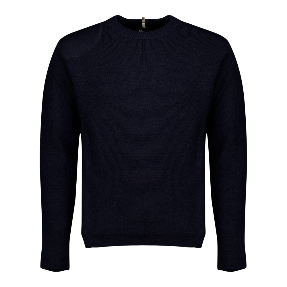 Moncler Wool Jumper With Logo - Male - Round-Neck Knitwear - Blue - S - Knitwear