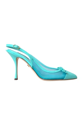 Blå Läder Mesh Slingback Klackar
