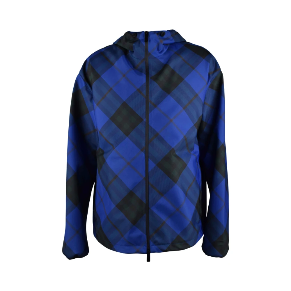 Burberry Mannelijk Blauw Jassen Heren, M, Polyester, Geruite Jas Met Capuchon