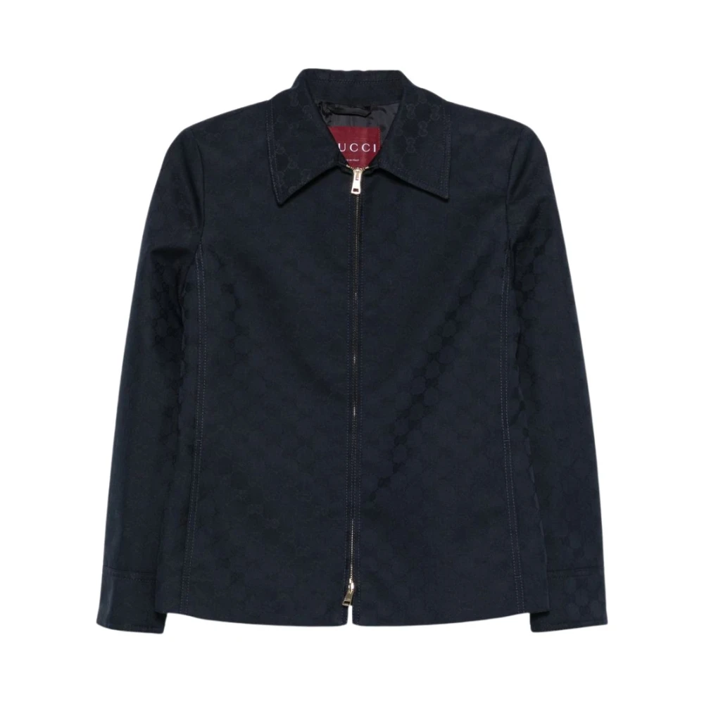 Gucci Women's Blue Light Jackets, S, Gg Cotton Gabardine Zip Jacket