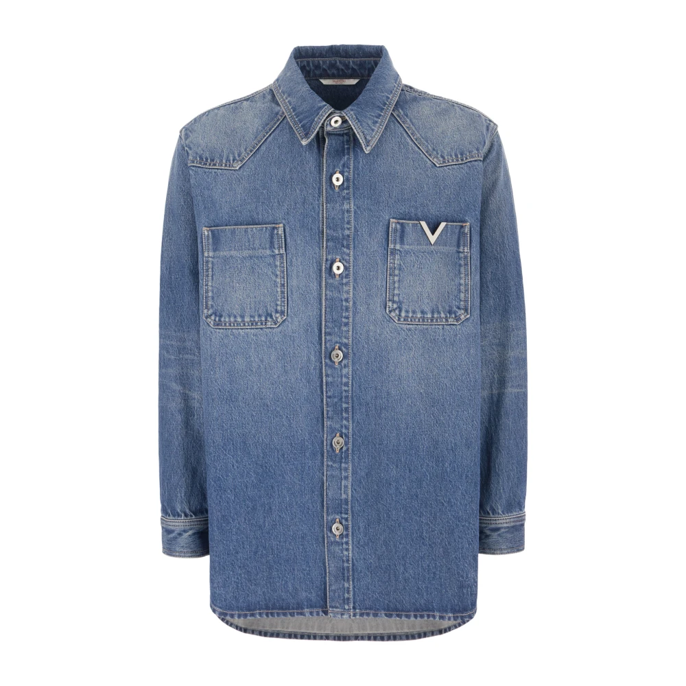 Valentino Garavani Blue Denim Shirts, Male, S, Denim Shirt With Metallic V Detail