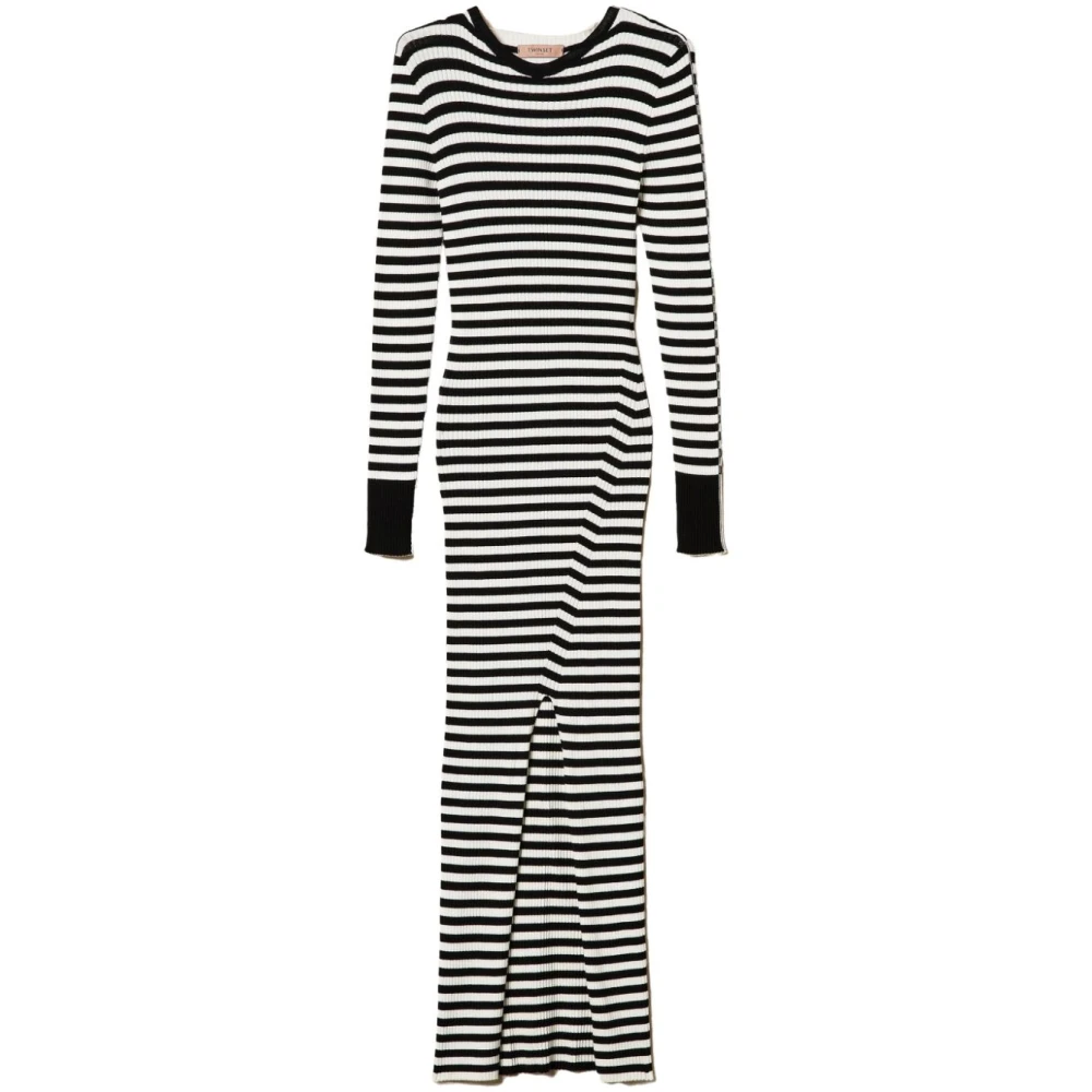 Twinset Gestreepte Gebreide Jurk Zwart Black Dames