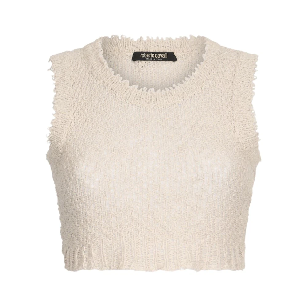 Roberto Cavalli Women's Beige Textured Knit Top Sleeveless Italy