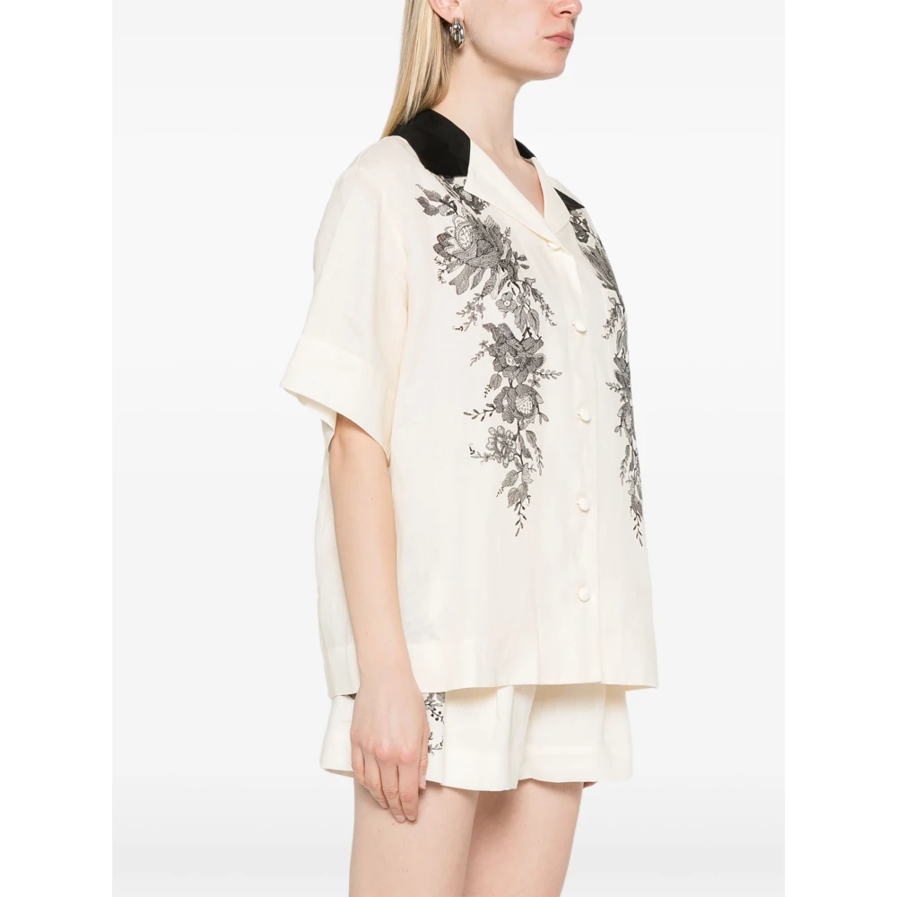 Zimmermann Bloemen Linnen Shirt Cubaanse Kraag Beige Dames