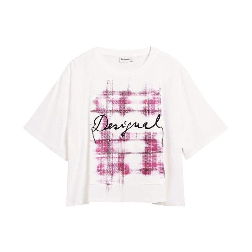 Desigual Women's White T-Shirts, Xl, Printed Cotton T-Shirt With Round Neck And Short Sleeves