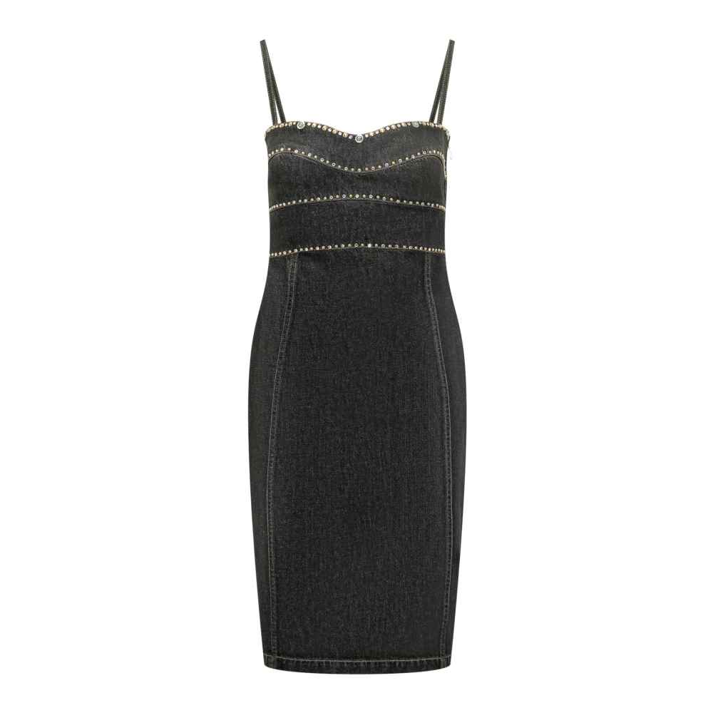 Versace Women's Black Embellished Denim Fitted Midi Dress