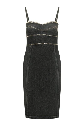Embellished Denim Fitted Midi Dress